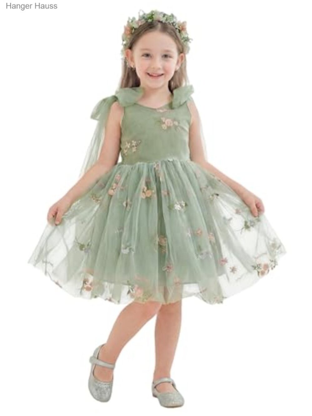 Girls Floral Embroidered Tulle Dress Formal Special Occasion